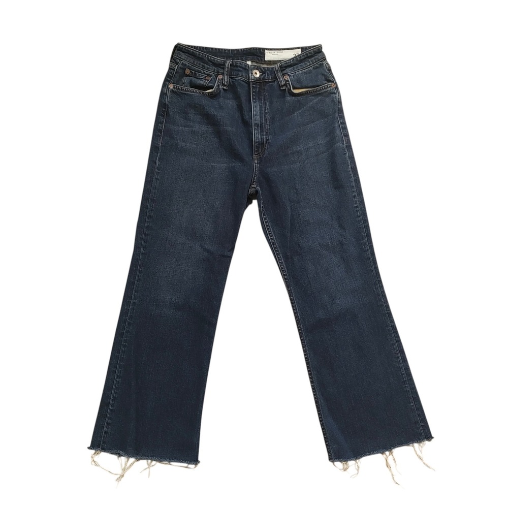 Rag & Bone Casey High-Rise Ankle Flare Jeans Dark Wash Raw‎ Fray Hem Size 27